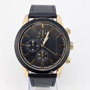 Men's Analog Watch 46MM Black Dial Black Faux Leather Bands New Battery